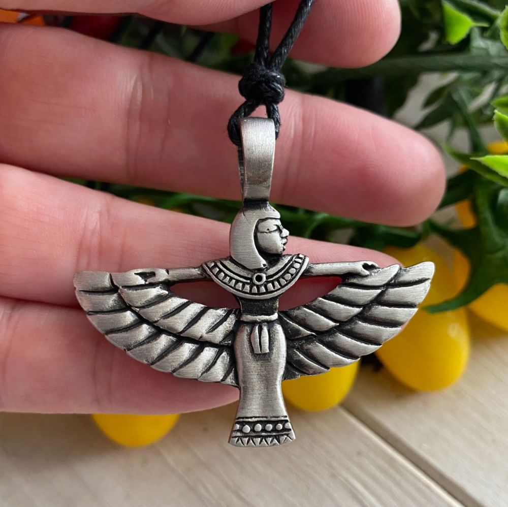 Pewter Egyptian Isis Pendant with Black Cord Necklace