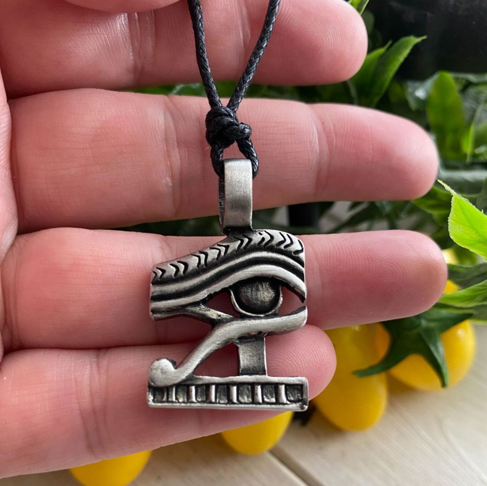Pewter Egyptian Eye of Horus Pendant with Black Cord Necklace