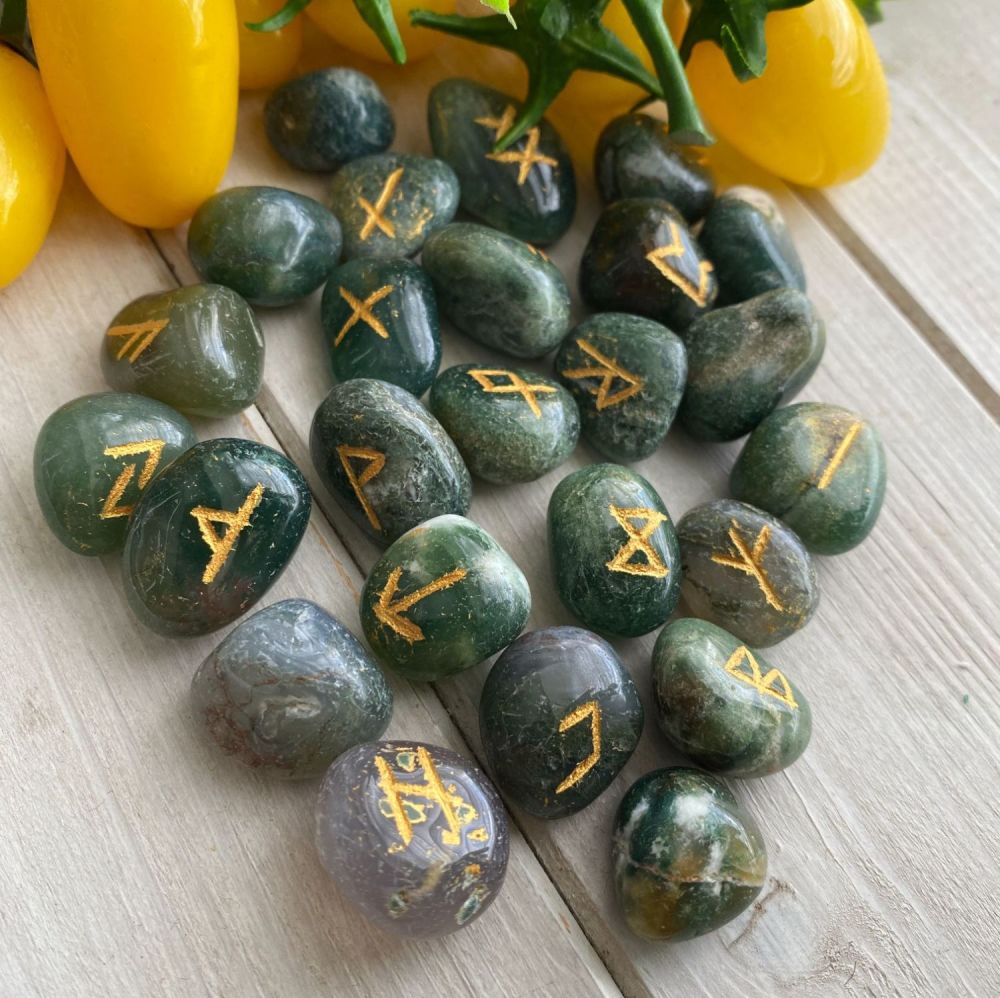Moss Agate Crystal Runes and Info Booklet ~ SALE