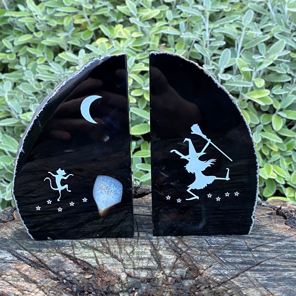 Agate Bookends with Witch and Cat Design ~ Dark Amber P93