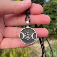 Pewter Round Pendant with Triple Moon and Pentagram