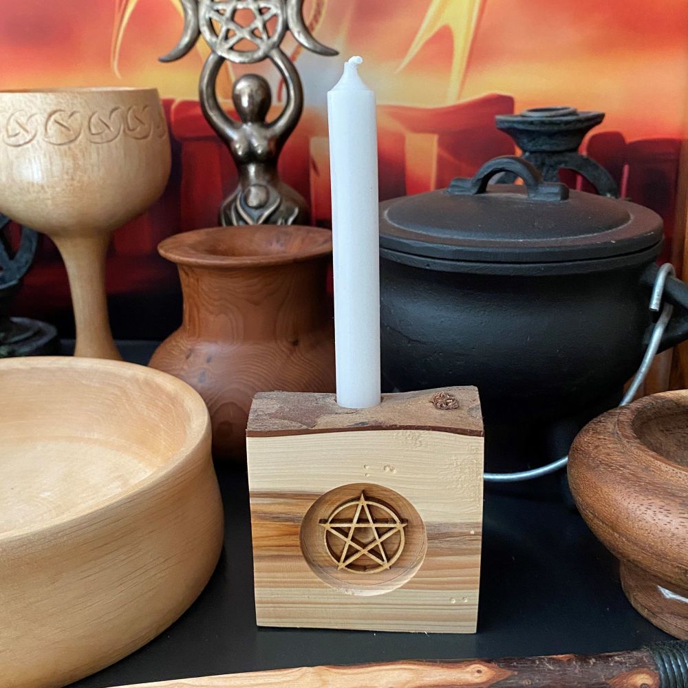 Handcrafted Yew Wood Candle Holder with Pentagram ~ #2