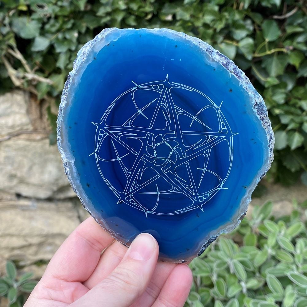 Agate Slice with Decorative Pentagram Design ~ Blue #F10