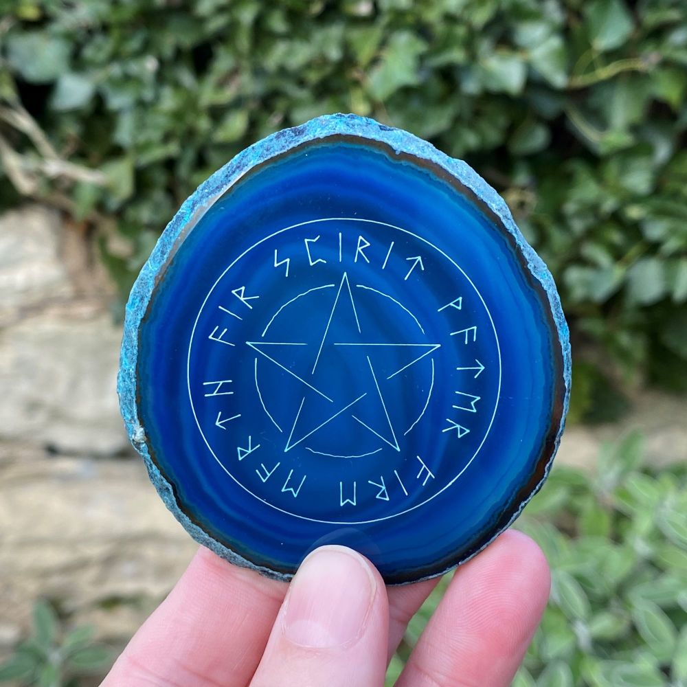 Agate Slice with Runic Pentagram Design ~ Blue #T3