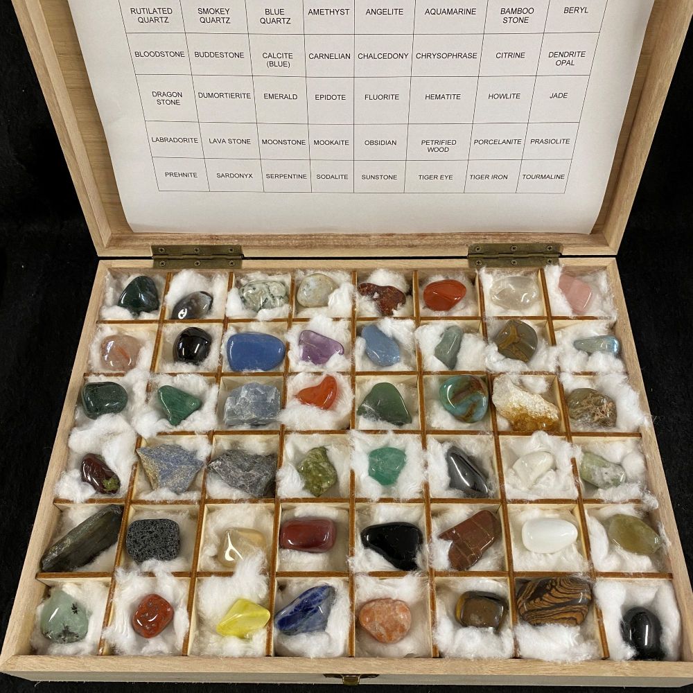 A Wooden Crystal Box, with 48 crystals and info