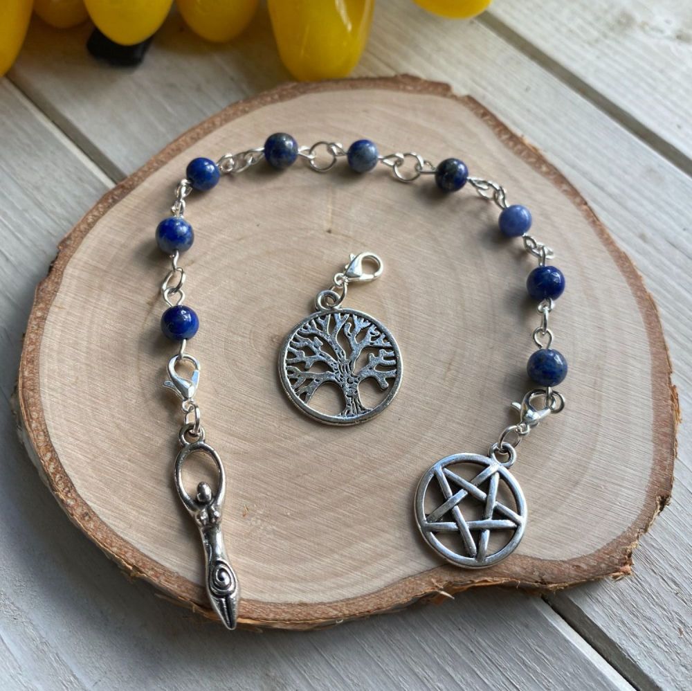 Lapis Lazuli Spell Beads with Pentagram, Goddess and Tree of Life Charms
