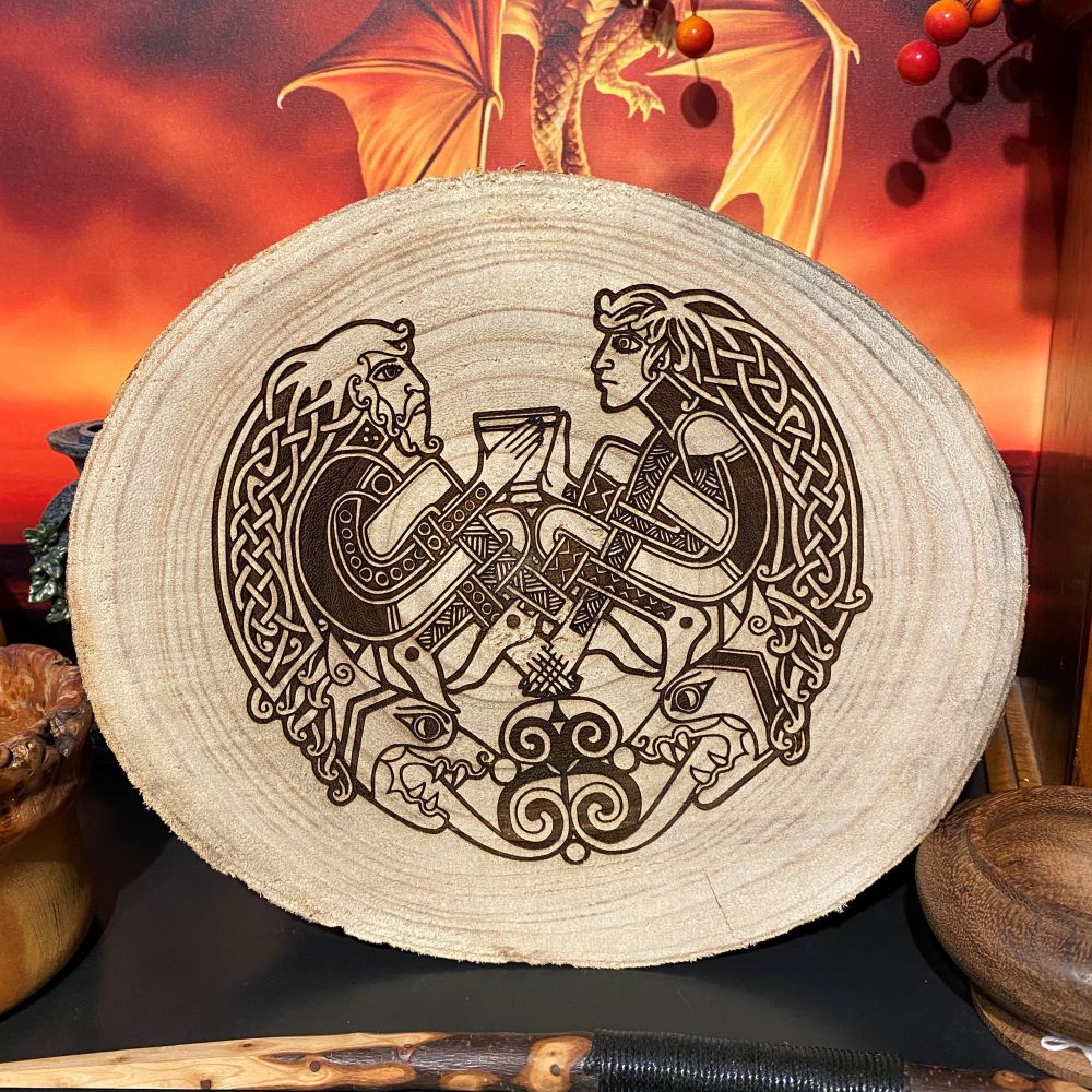 Celtic and Mayan Friendship Design on a Wooden Log Slice