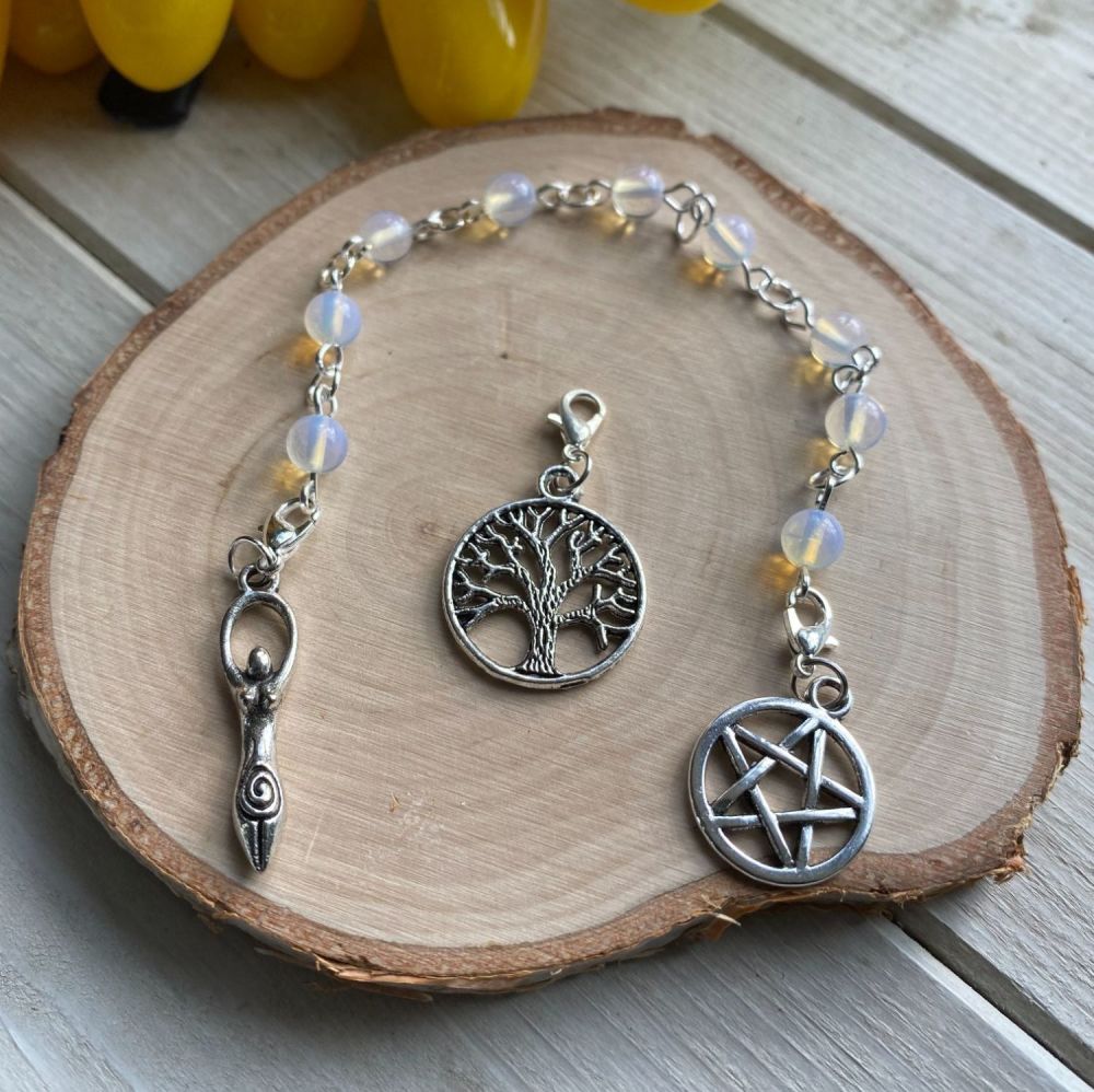 Opalite Spell Beads with Pentagram, Goddess and Tree of Life Charms