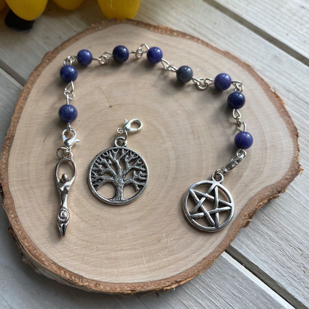 Blue Aventurine Spell Beads with Pentagram, Goddess and Tree of Life Charms
