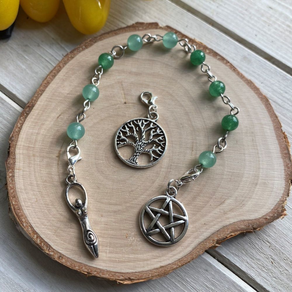 Green Aventurine Spell Beads with Pentagram, Goddess and Tree of Life Charm