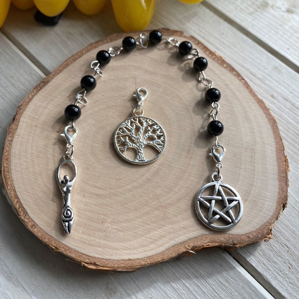 Black Onyx Spell Beads with Pentagram, Goddess and Tree of Life Charms