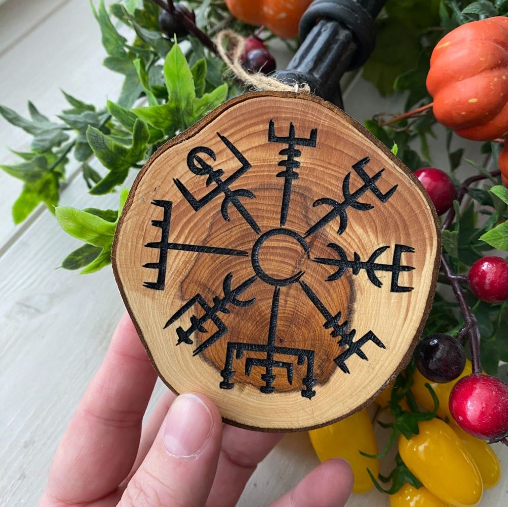 Viking Compass Yew  Wood Hanging Slice ~ #1