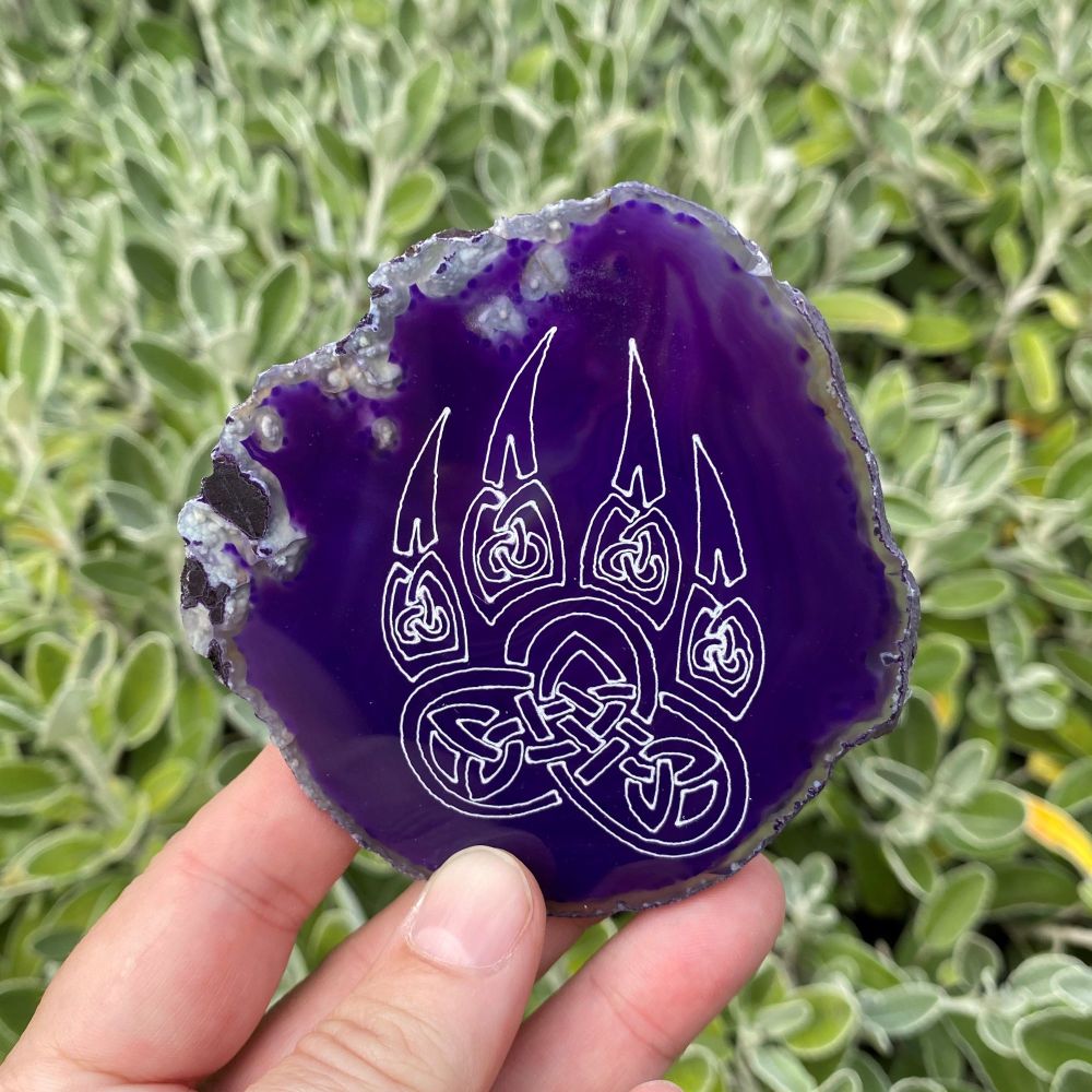 Agate Slice with Celtic Wolf Paw design ~  Purple