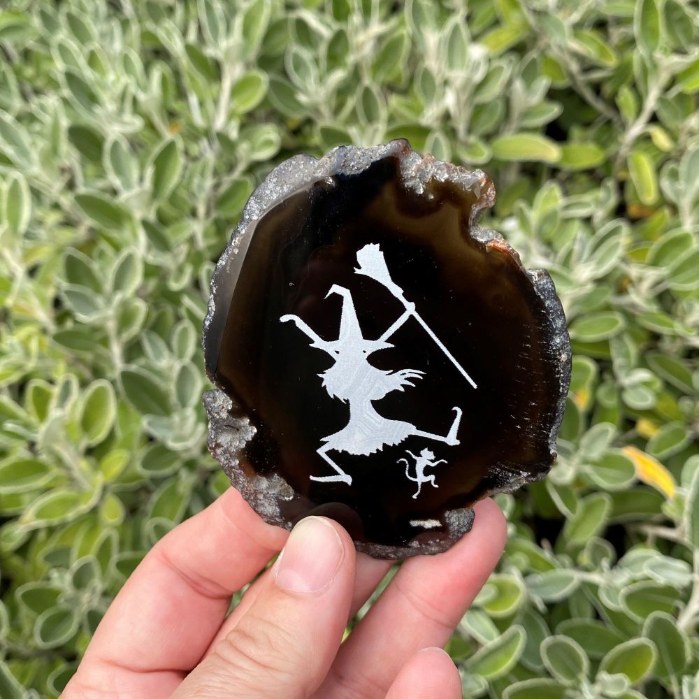 Agate Witch and Cat Amulet ~ Amber #A42