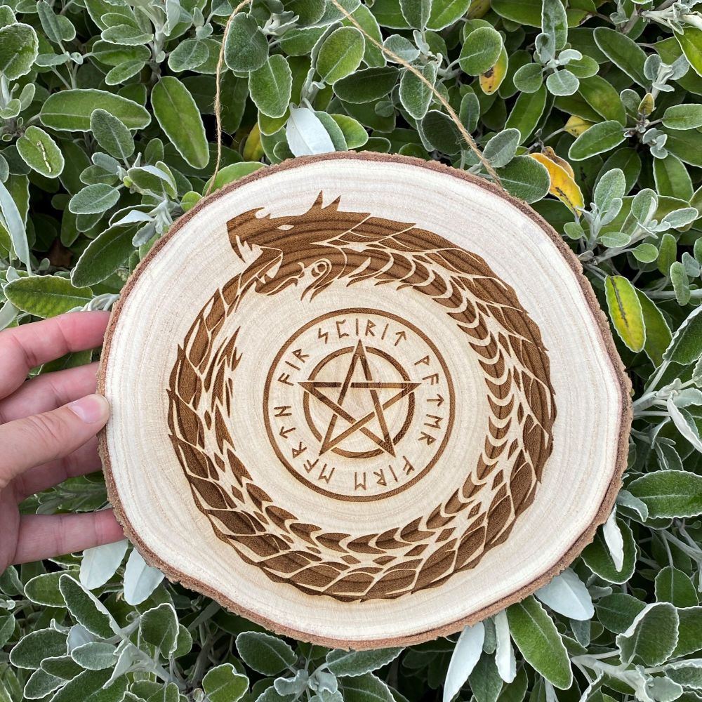 Elemental Pentagram and Dragon Hanging Wooden Log Slice ~ SALE