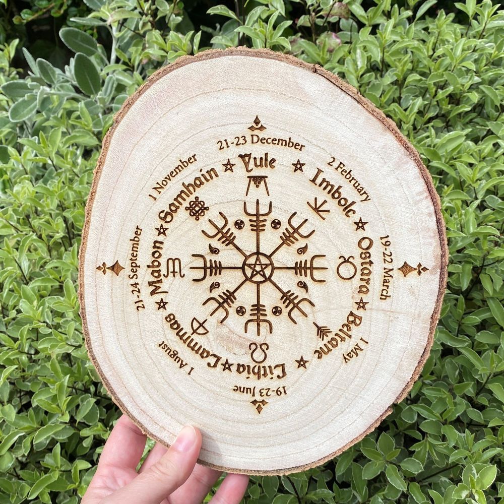 Wheel of the Year with Viking Compass Wooden Log Slice