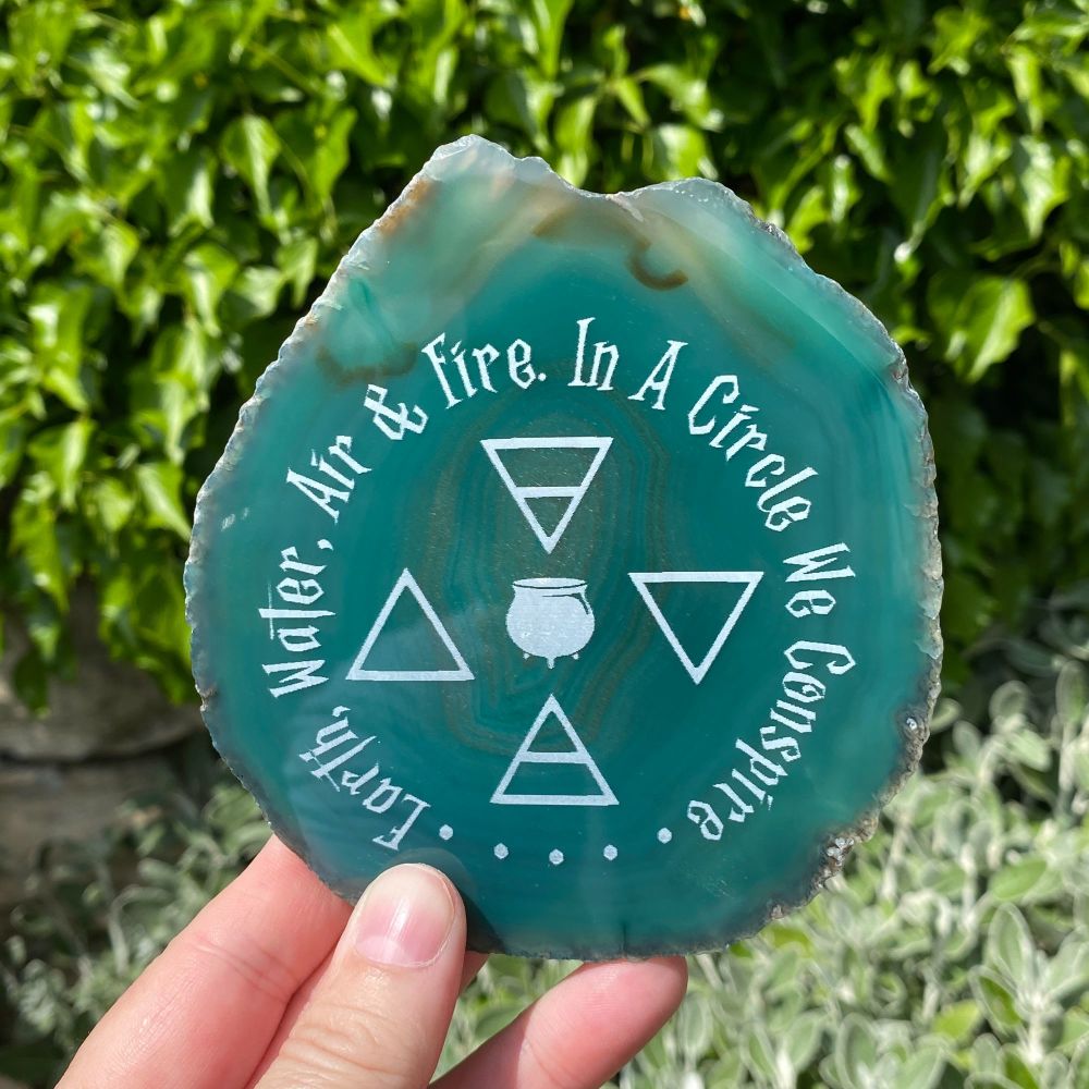 Agate Slice with Elements and Cauldron design ~  Green #G1