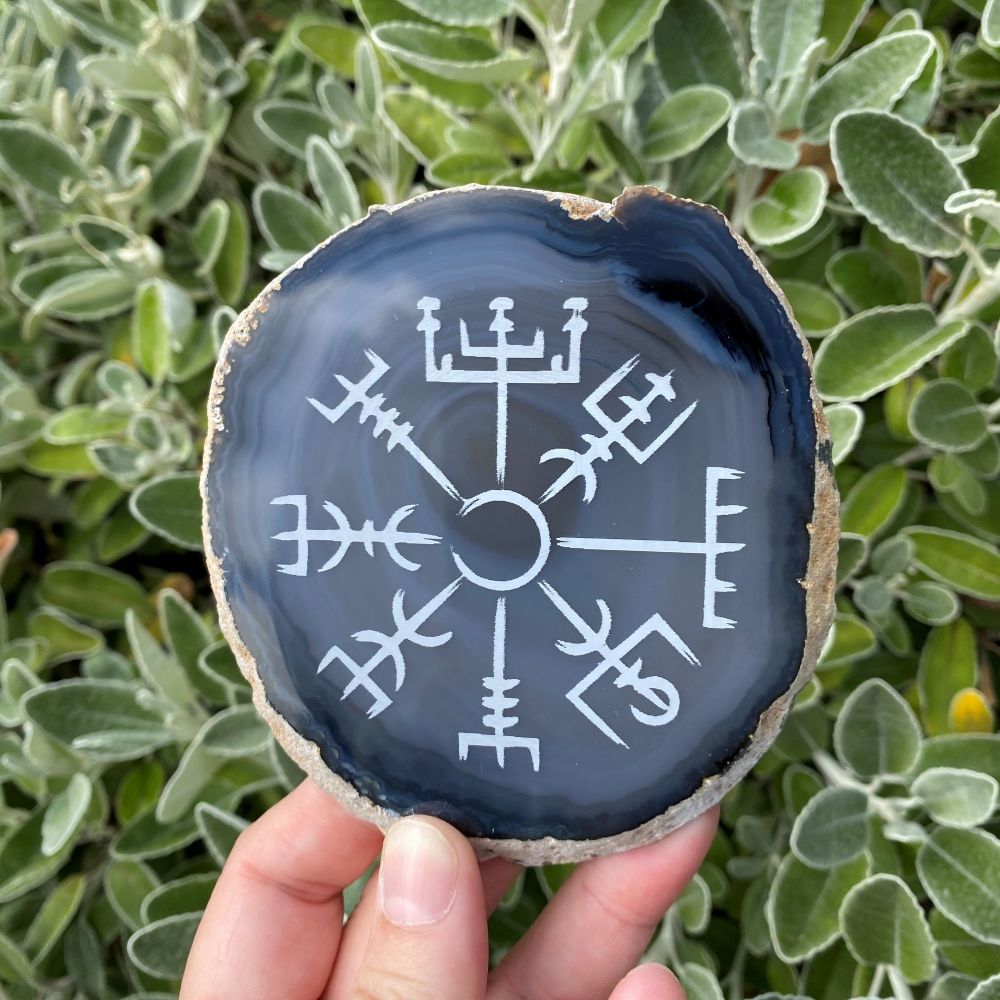 Agate Slice with the Viking Compass Design ~ Blue Grey ~#1