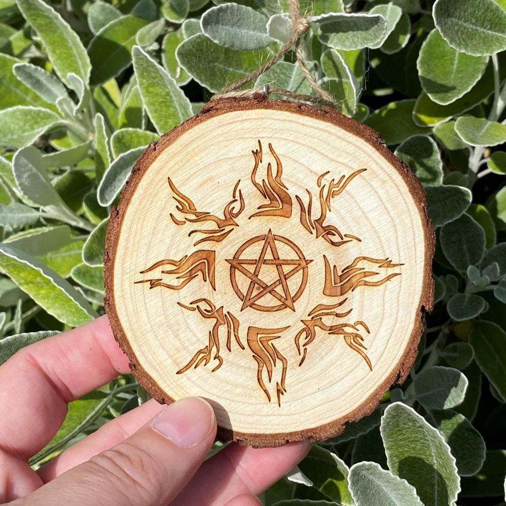 Pentagram and Flames on Hanging Wood Slice ~ #PF1