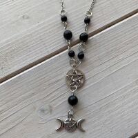 Triple Moon Pendant with Pentagram Charm and Black Beads