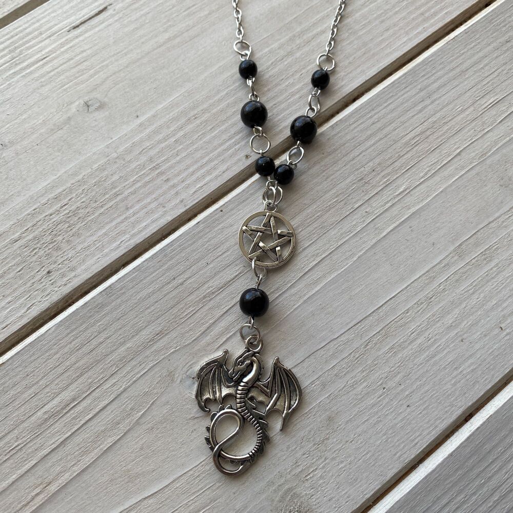 Dragon Pendant with Pentagram Charm and Black Beads