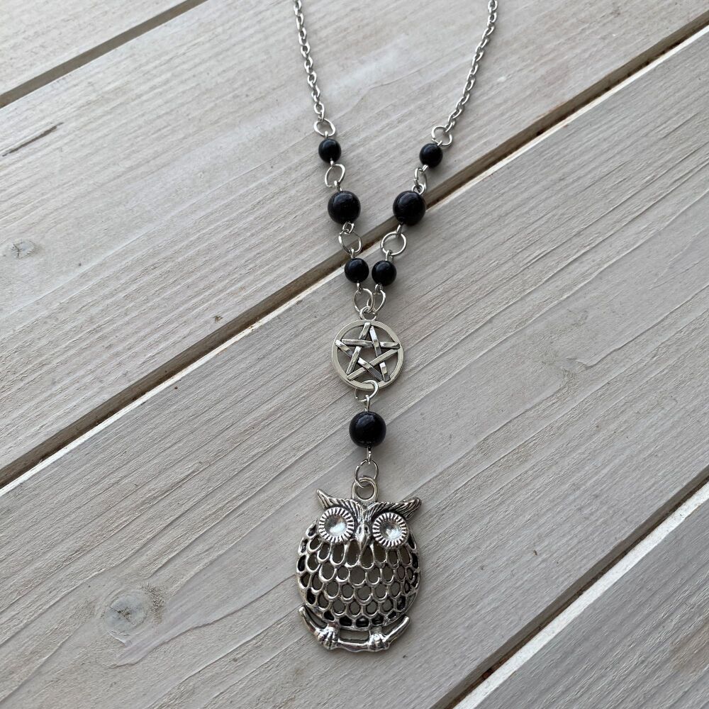 Steampunk Owl Pendant with Pentagram Charm and Black Beads