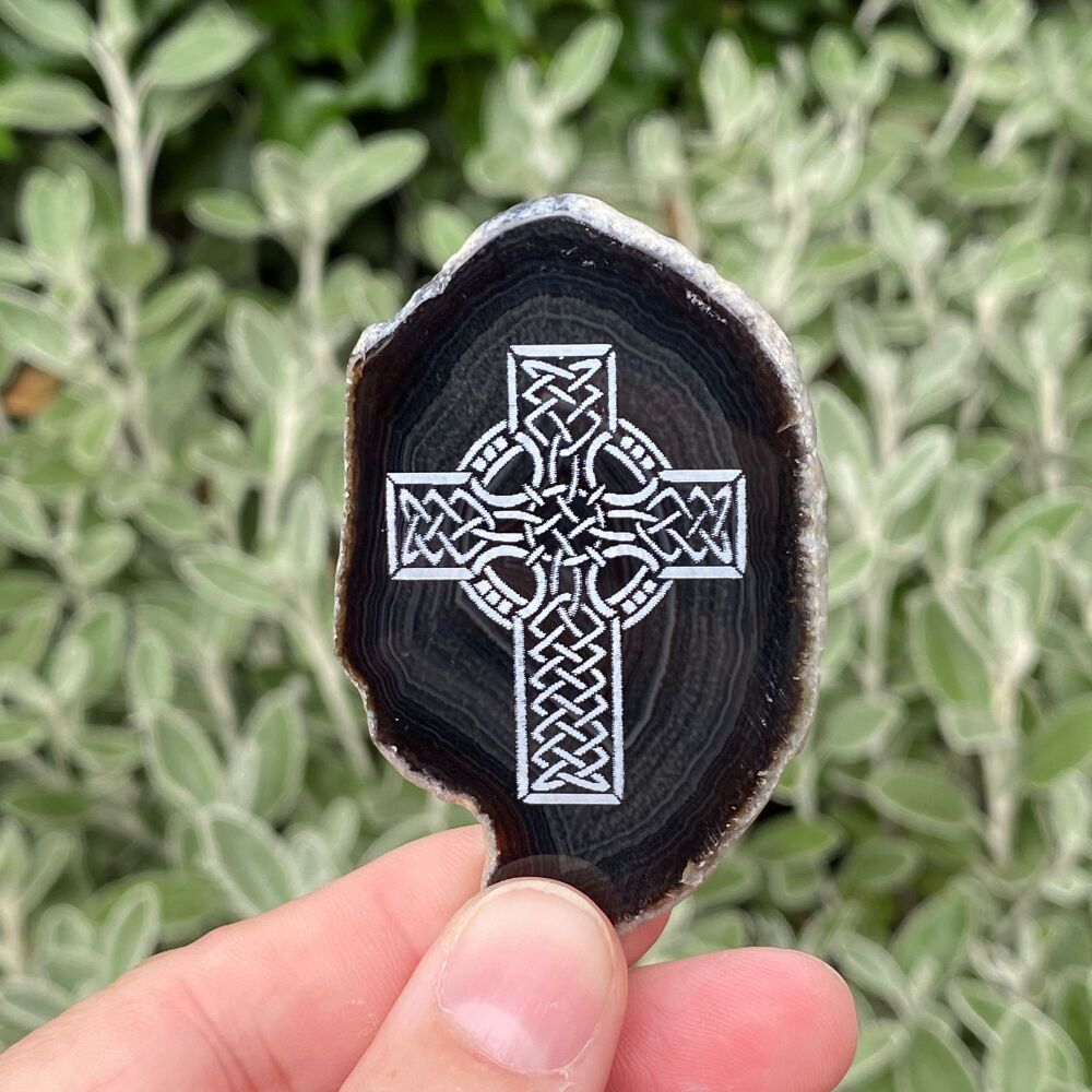 Agate Slice with Celtic Cross design ~ Black #T22