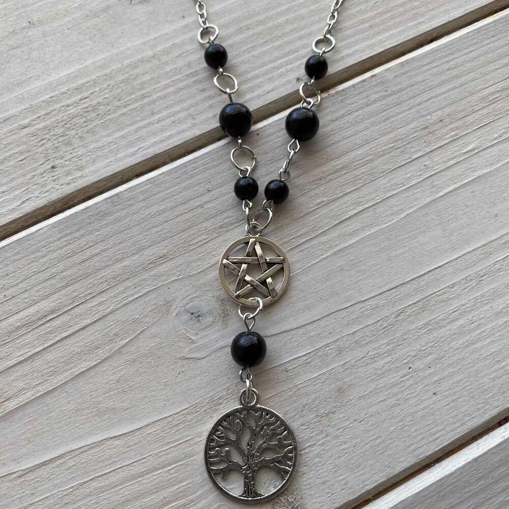 Tree of Life Pendant with Pentagram Charm and Black Beads