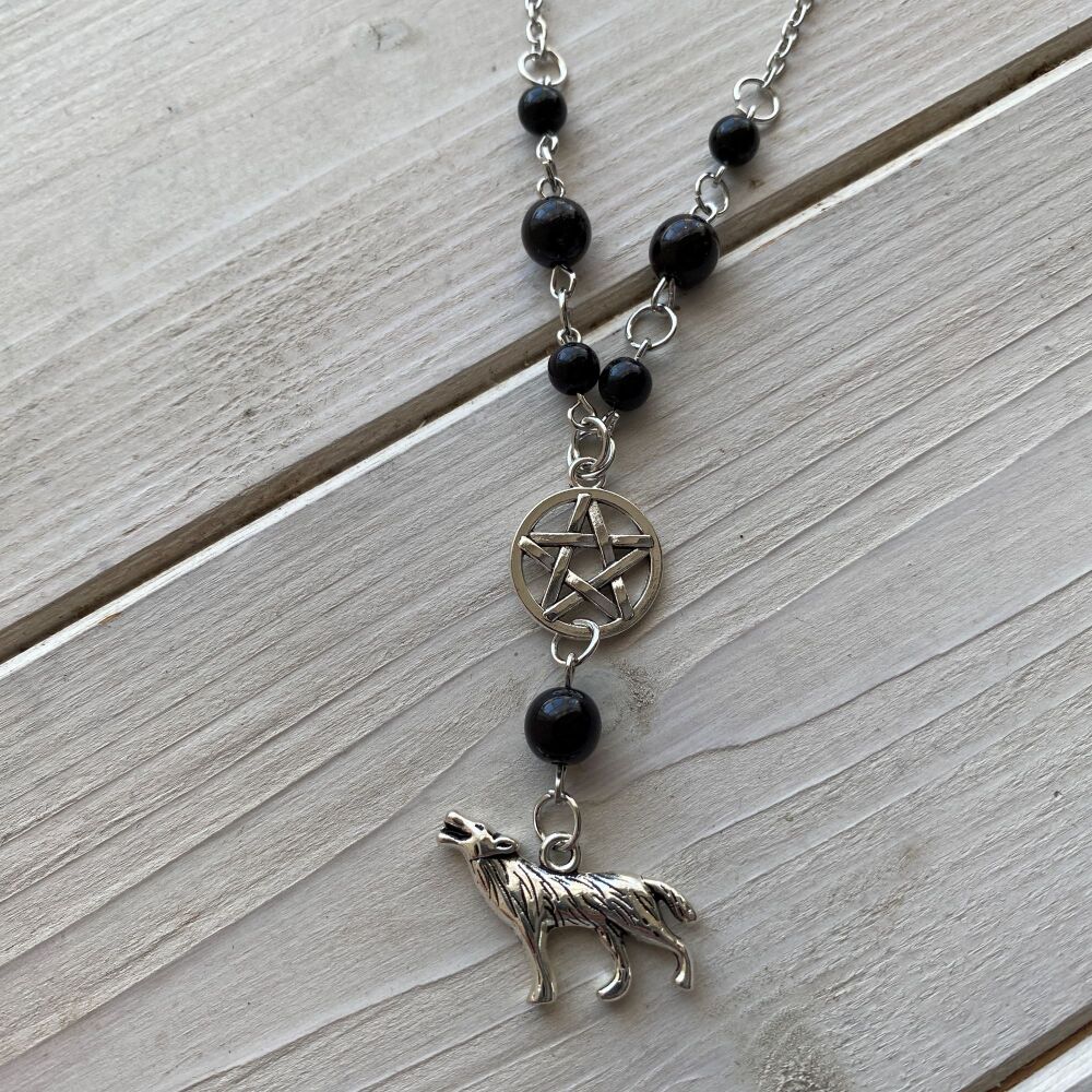 Wolf Pendant with Pentagram Charm and Black Beads