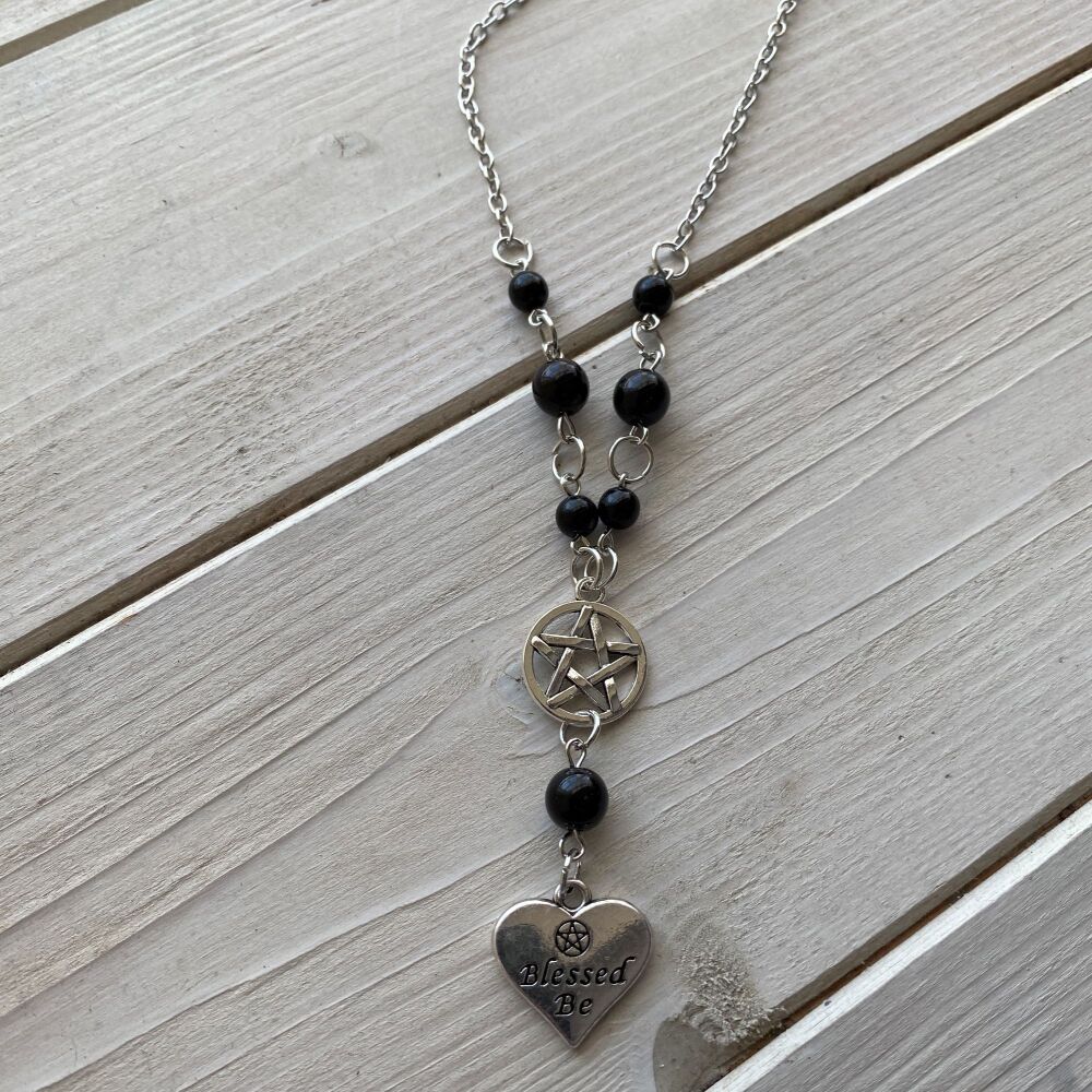 Blessed Be Pendant with Pentagram Charm and Black Beads