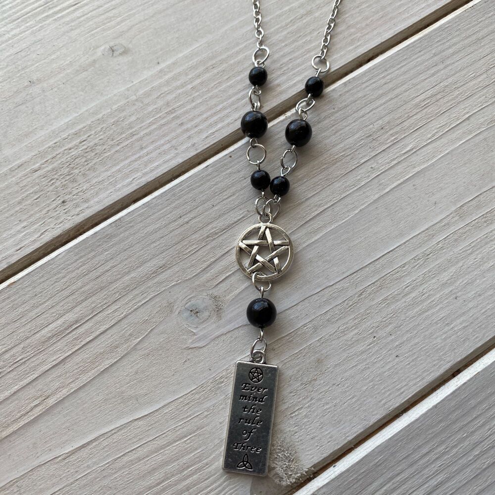 Ever Mind the Rule of Three Pendant with Pentagram Charm and Black Beads