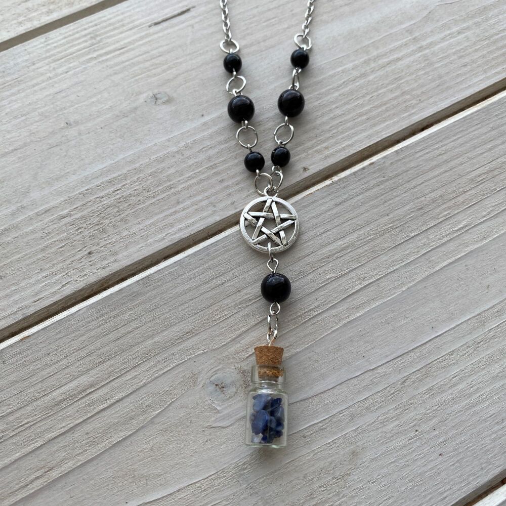 Mini Sodalite Bottle Pendant with Pentagram Charm and Black Beads