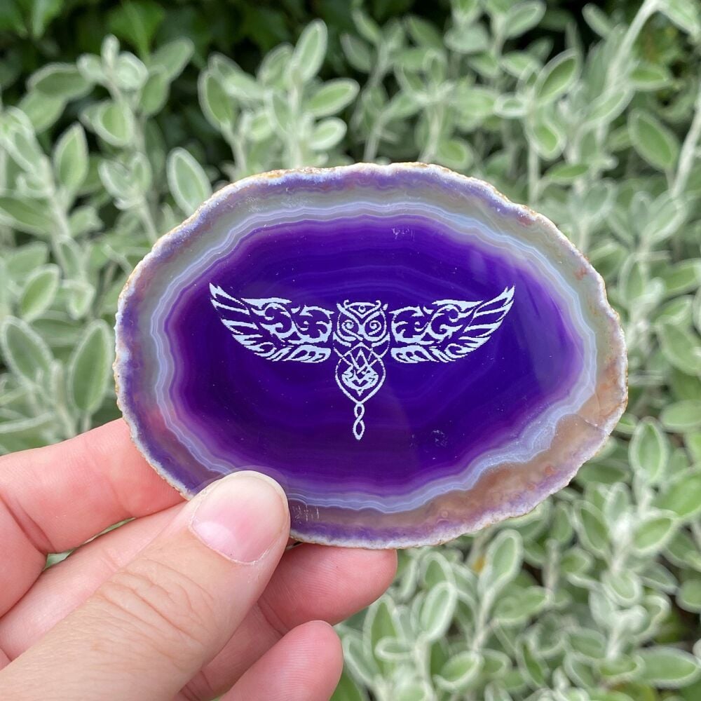 Agate Slice with Celtic Owl design ~ Purple #T26