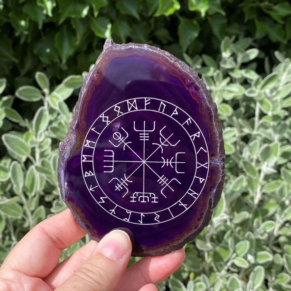 Agate Slice with Runic Viking Compass Design ~ Purple F6