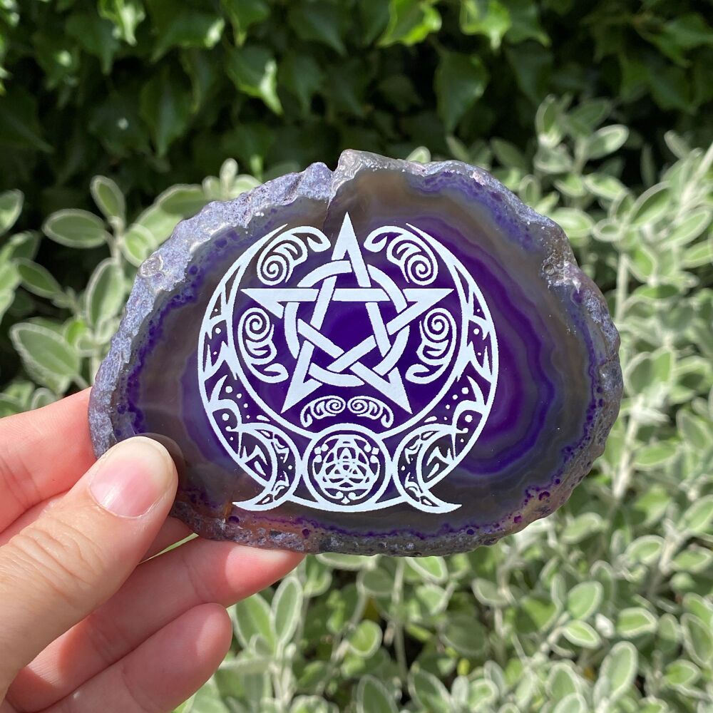 Agate Slice with Crescent Moon and Pentagram Design ~ Purple #B37