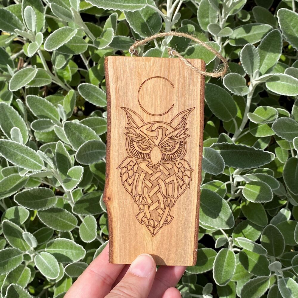 A stunning Cherry Wood Slice with Celtic Owl design