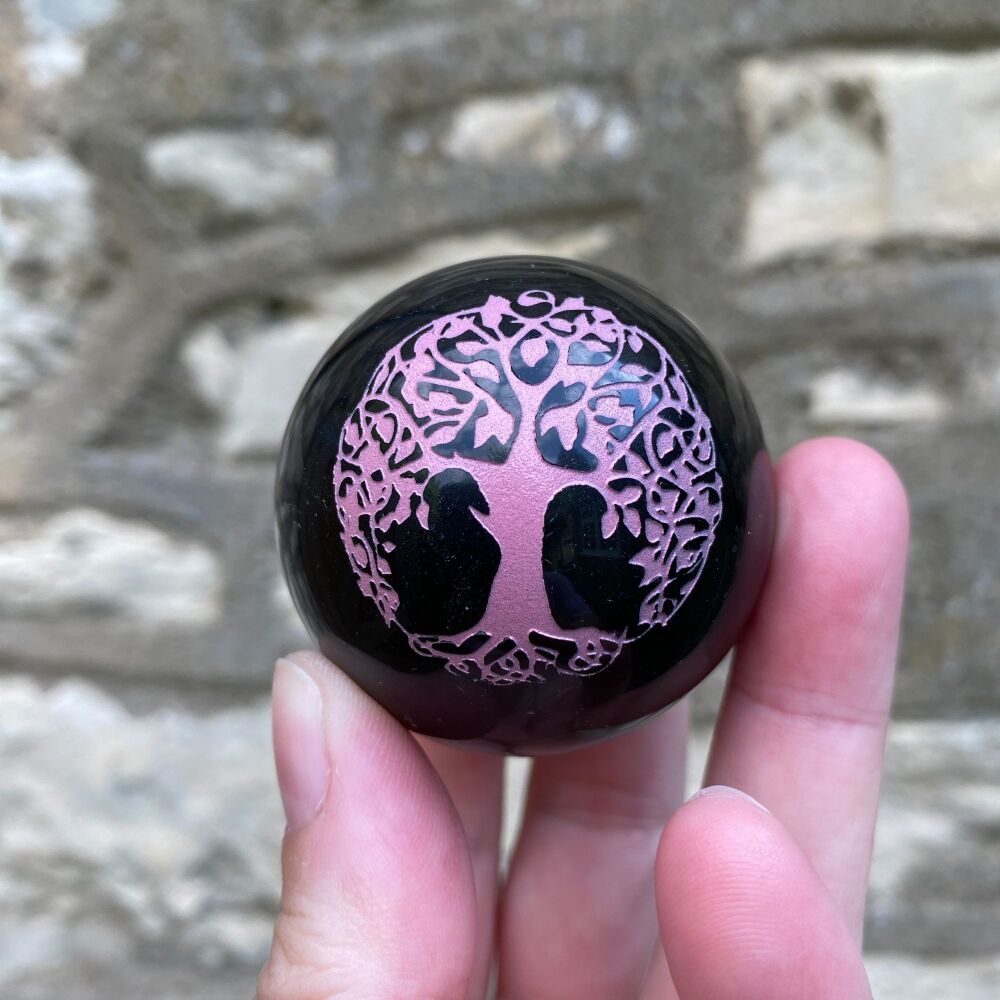 Black Obsidian Sphere with Tree of Life Design ~ #2