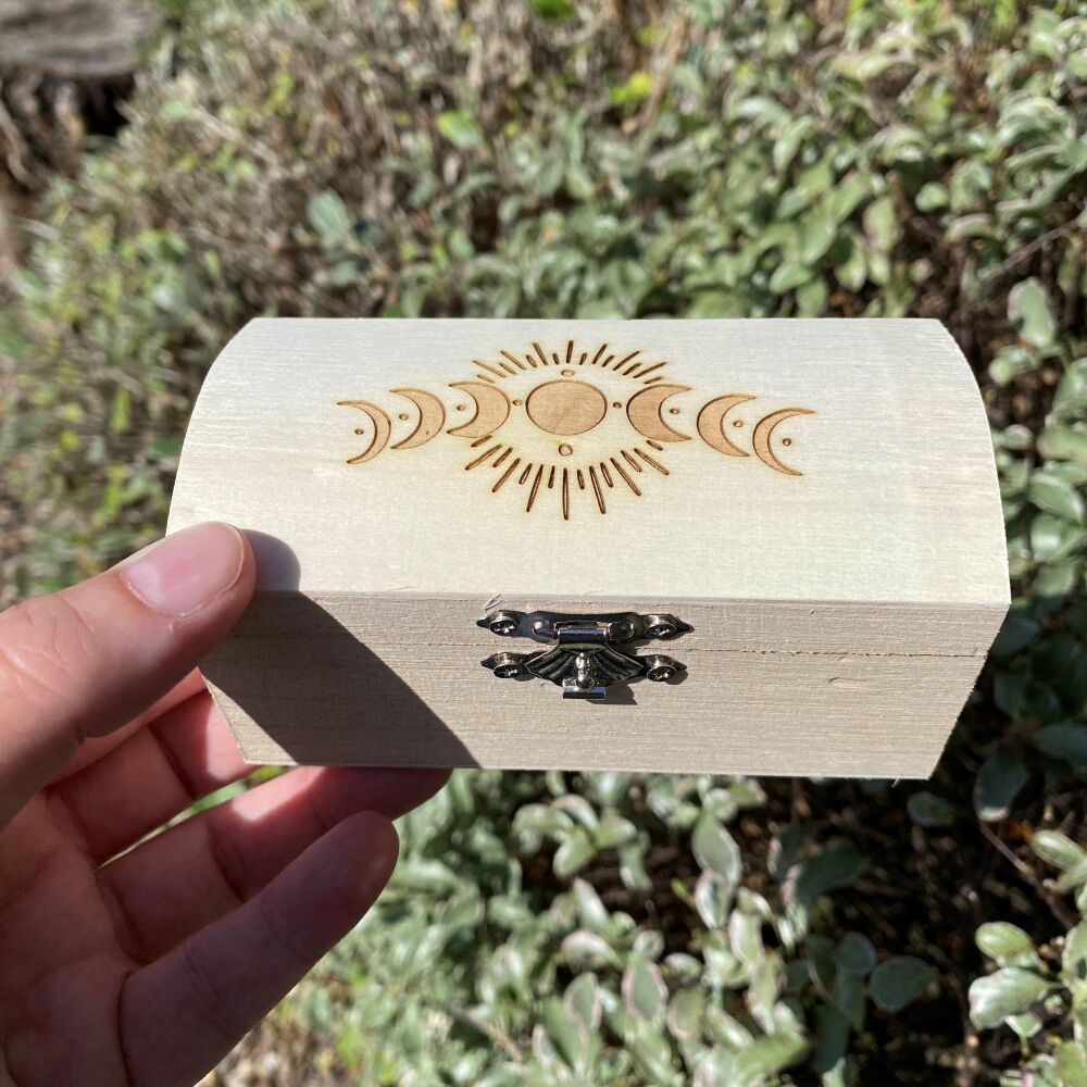 Wooden Box Engraved with Moon Phase design