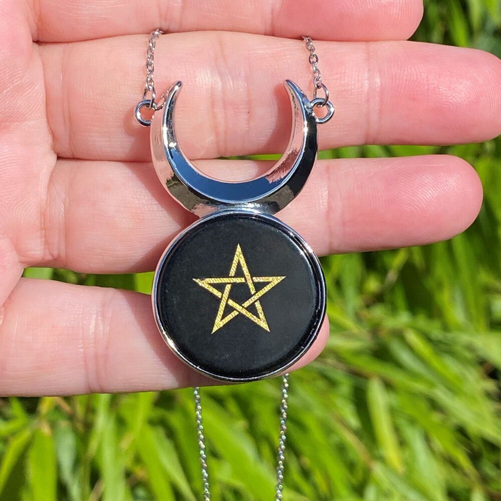 Black Obsidian Pentagram and Moon Pendant