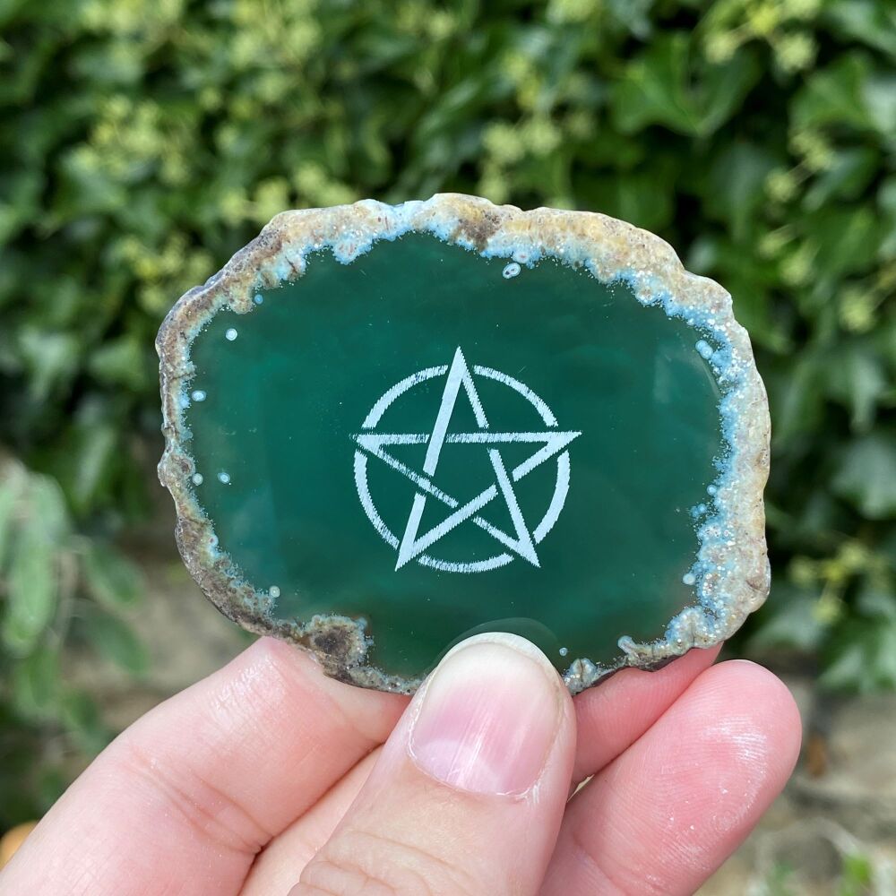 Agate Slice with Pentagram design ~ Green ~ #26