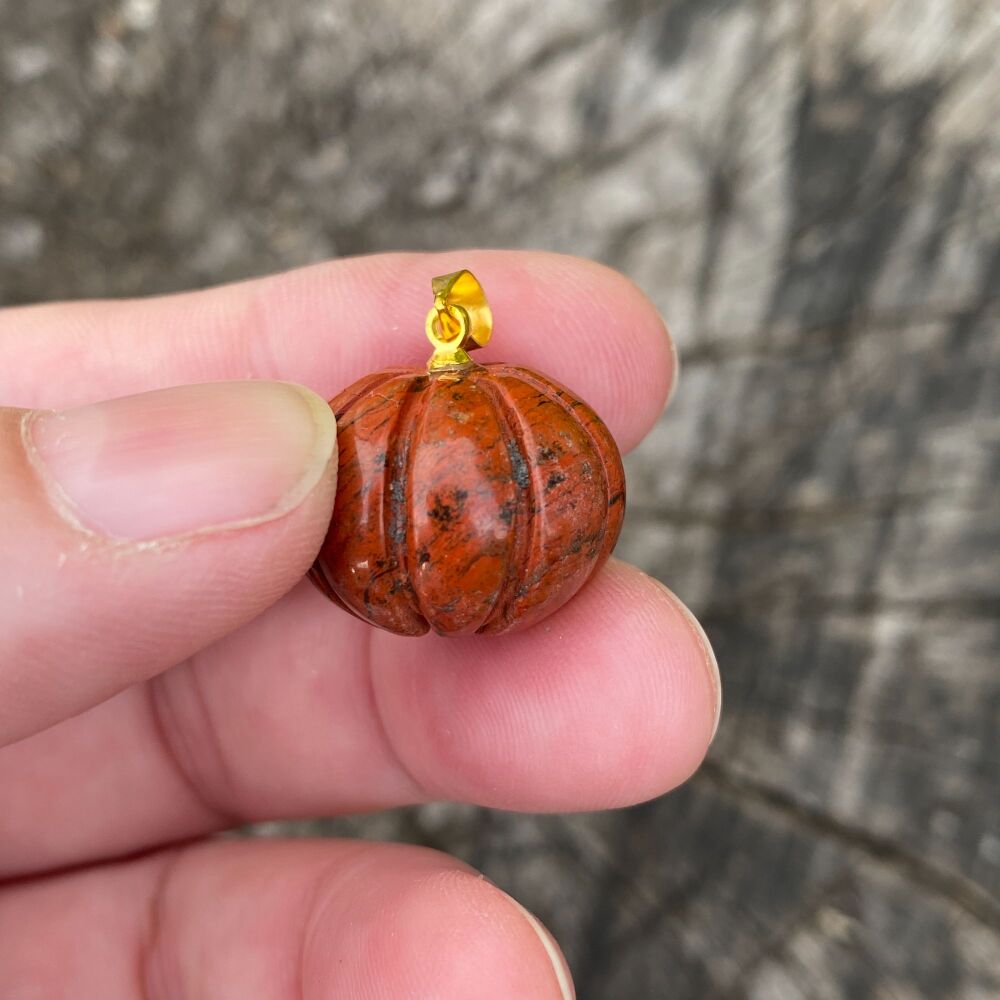Carved Crystal Pumpkin Pendant ~ Red Jasper (Gold Loop #3)