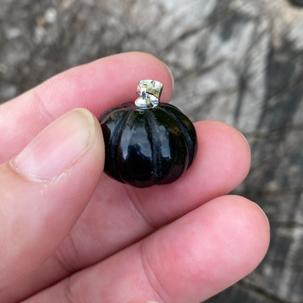 Carved Crystal Pumpkin Pendant ~ Black Obsidian (Silver Loop #2)