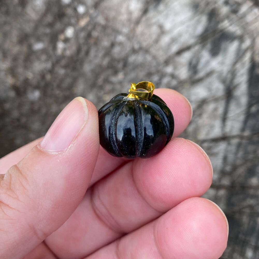 Carved Crystal Pumpkin Pendant ~ Black Obsidian (Gold Loop #3)