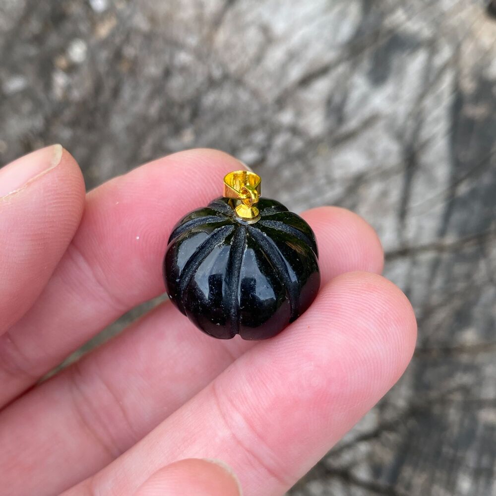 Carved Crystal Pumpkin Pendant ~ Black Obsidian (Gold Loop #4)