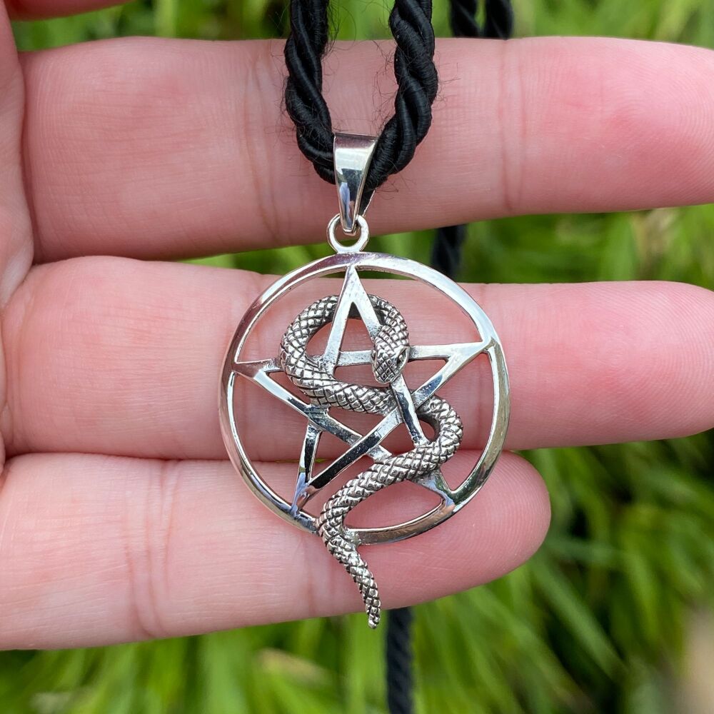 Sterling Silver Pentagram and Snake Pendant