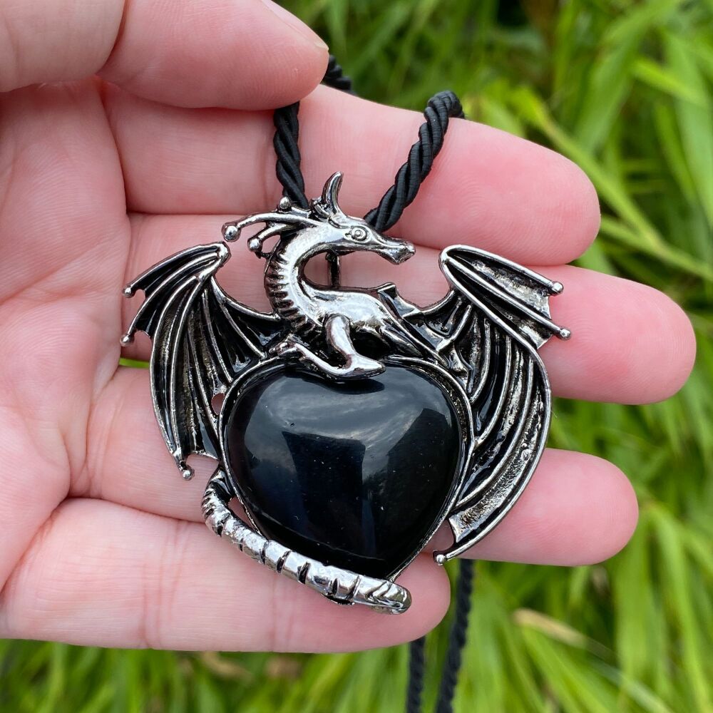 Dragon and Black Obsidian Heart Pendant