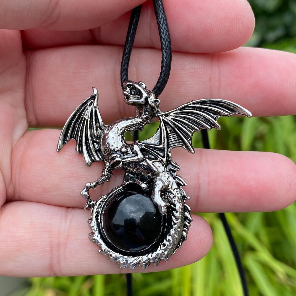 Flying Dragon and Black Obsidian Ball Pendant