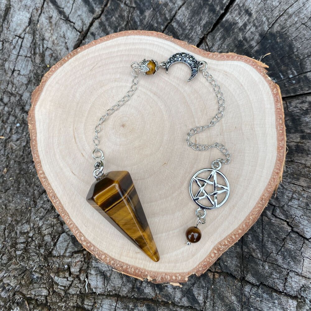 Tiger Eye Pendulum with Pentagram and Moon Charms
