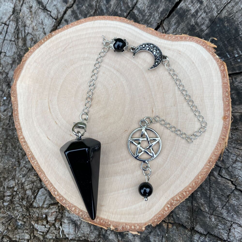 Black Obsidian Pendulum with Pentagram and Moon Charms
