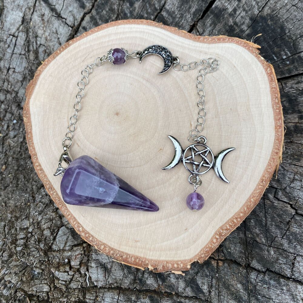 Amethyst Pendulum with Pentagram and Moon Charms